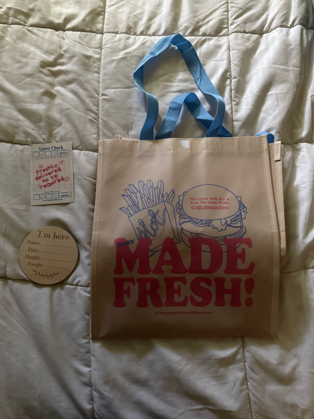Little Milk Bar Made Fresh Reusable Tote Bag and birth announcement